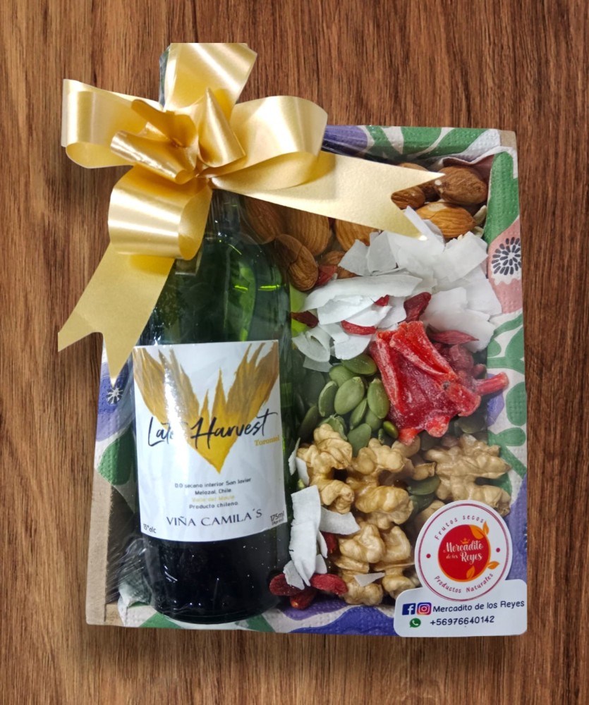 CAJA MADERA MIX FRUTOS SECOS SEMILLAS CON VINO PEQUEÑO VIÑA CAMILA