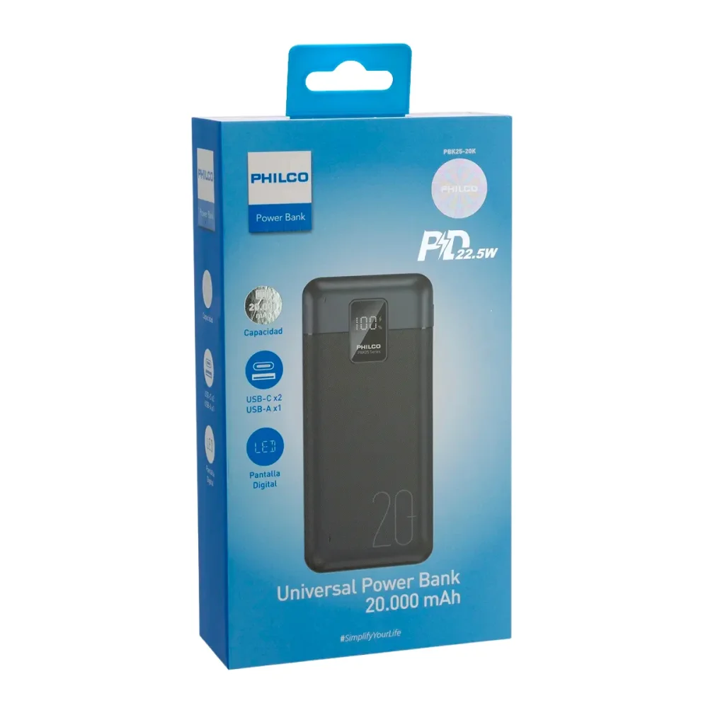 Powerbank 20000mAh PD 22.5W Pantalla Digital - PHILCO